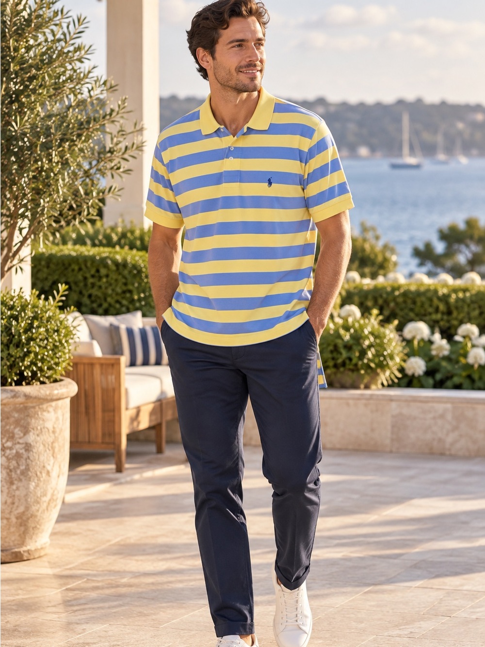 Polo by Ralph Lauren Men’s XL Yellow Blue Striped Cotton Polo Short Sleeve Shirt